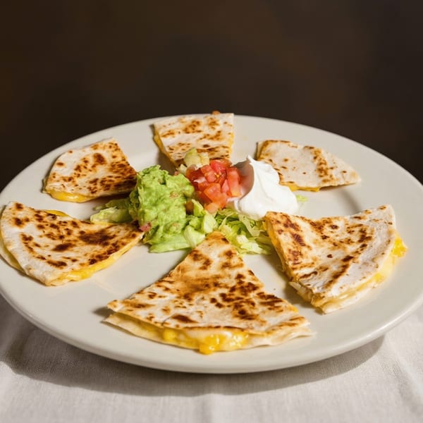 Six cheese quesadilla slices arranged on a white plate with guacamole, diced tomatoes, and sour cream.