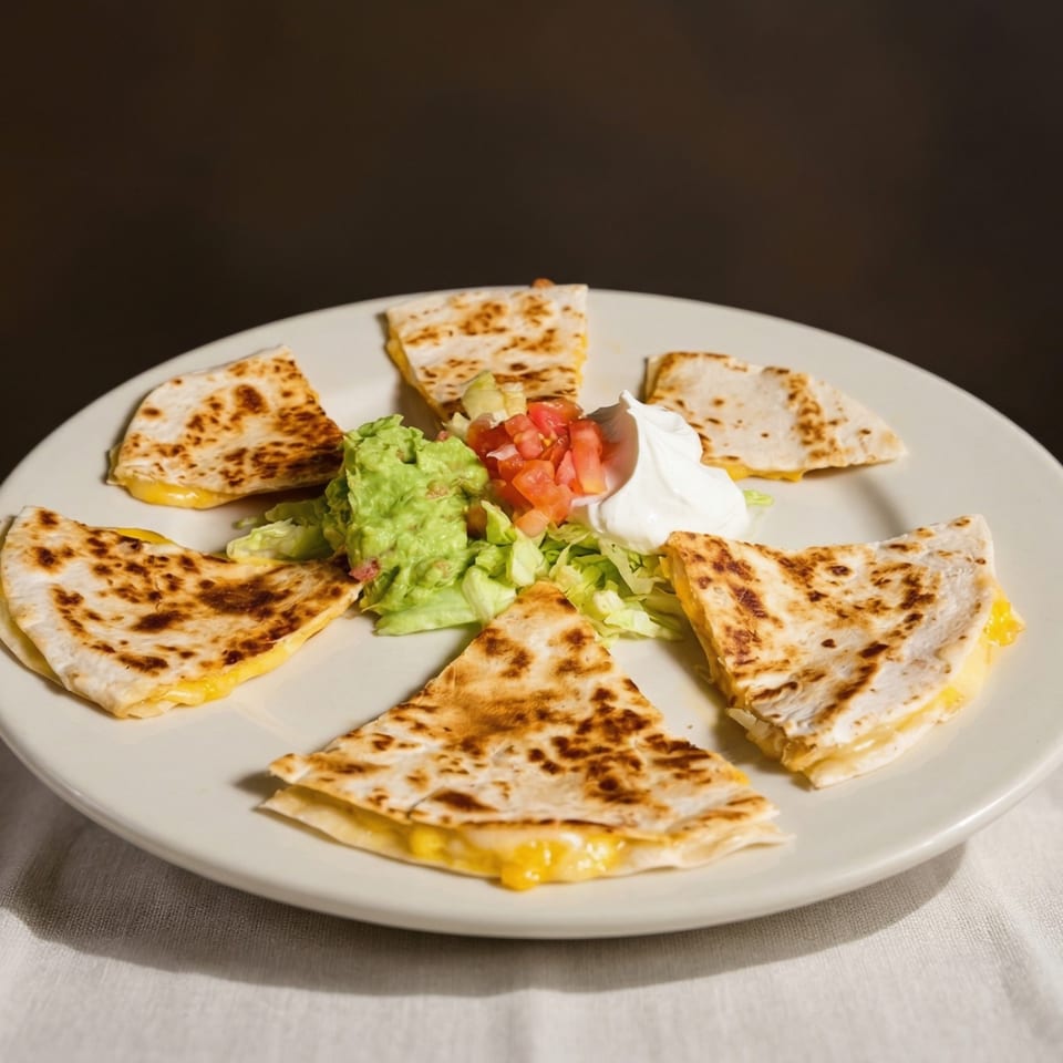 Six cheese quesadilla slices arranged on a white plate with guacamole, diced tomatoes, and sour cream.