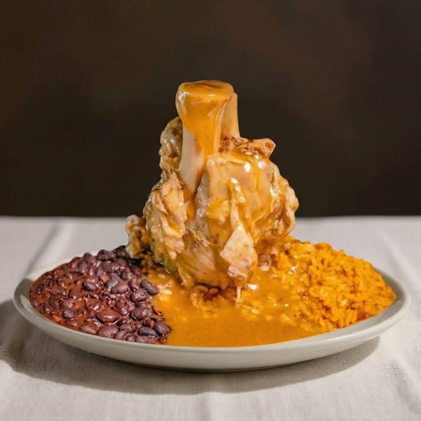 A large bone-in meat dish covered in sauce, served with black beans and yellow rice.