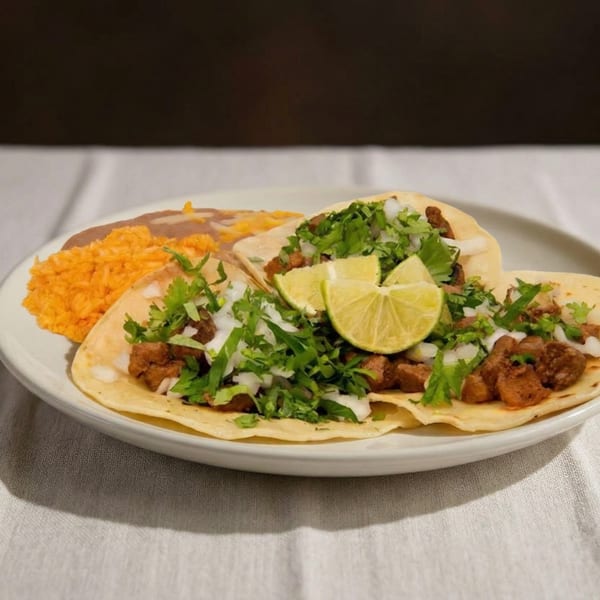 Three tacos with meat, cilantro, onions, and lime, served with rice and refried beans.