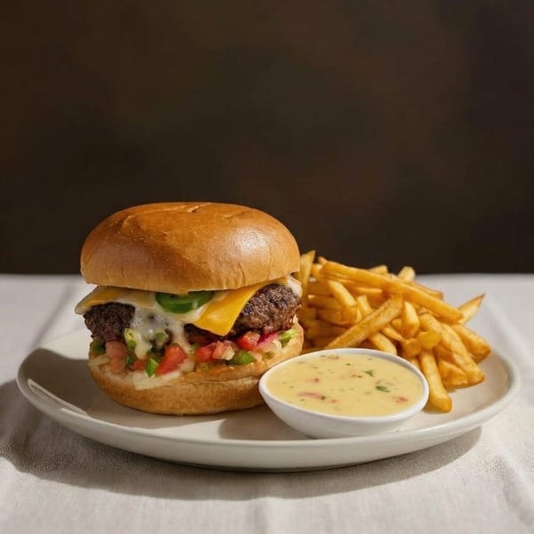 Cheeseburger with melted cheese, diced tomatoes, and jalapeños, served with fries and queso.