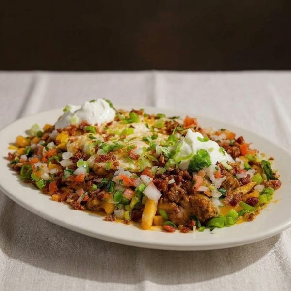 A plate of loaded fries topped with ground meat, diced vegetables, and sour cream.