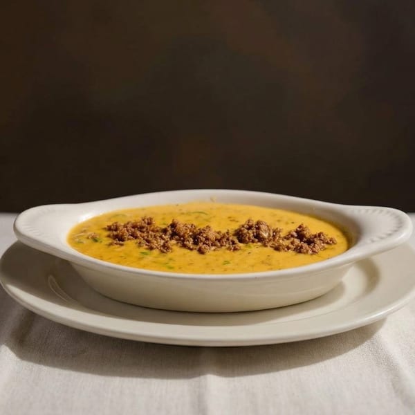 Creamy yellow queso dip topped with ground beef, served in a white bowl on a white tablecloth.