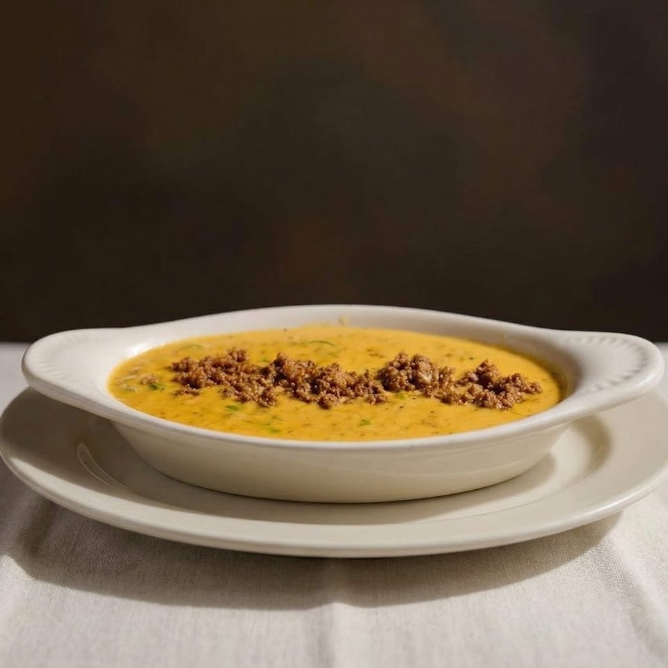 Creamy yellow queso dip topped with ground beef, served in a white bowl on a white tablecloth.