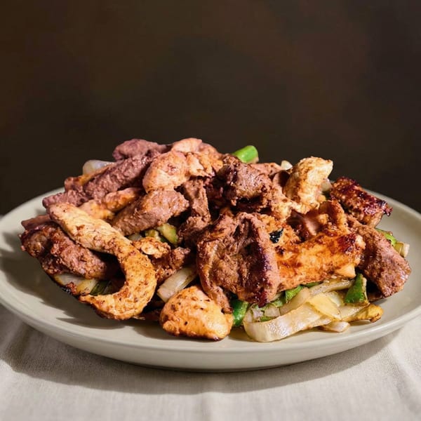 A plate of cooked chicken and beef strips with sautéed onions and green peppers.